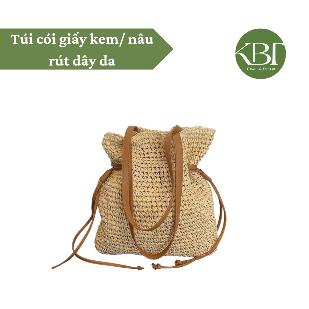 Túi cói giấy kem/ nâu rút dây da