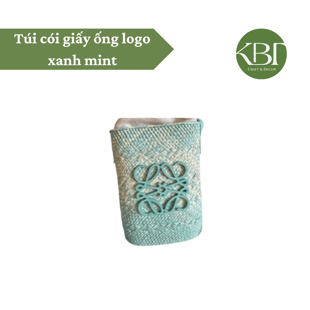 Túi cói giấy ống logo xanh mint