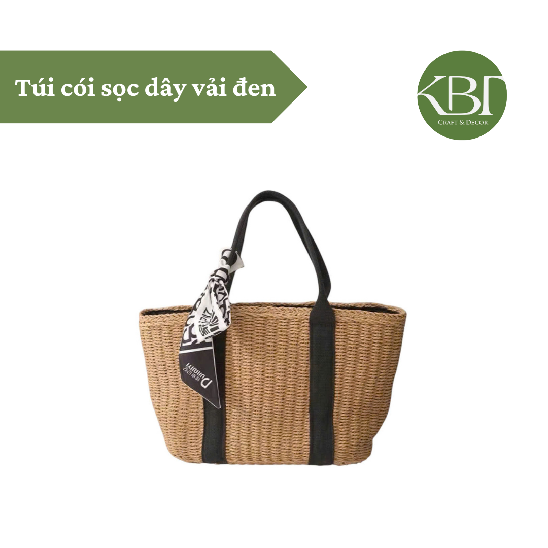Túi cói sọc dây vải đen