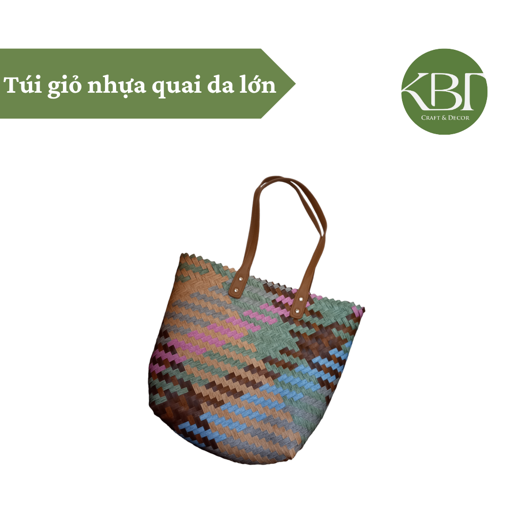 Large plastic basket bag with leather handles
