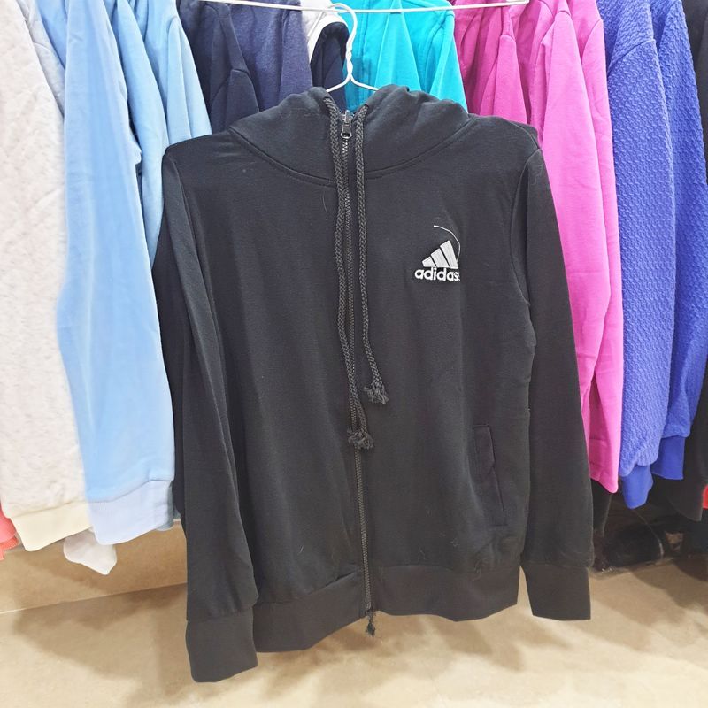 Áo Khoác Chống Nắng Vải Nỉ Có Nón Logo Adidas - Đen