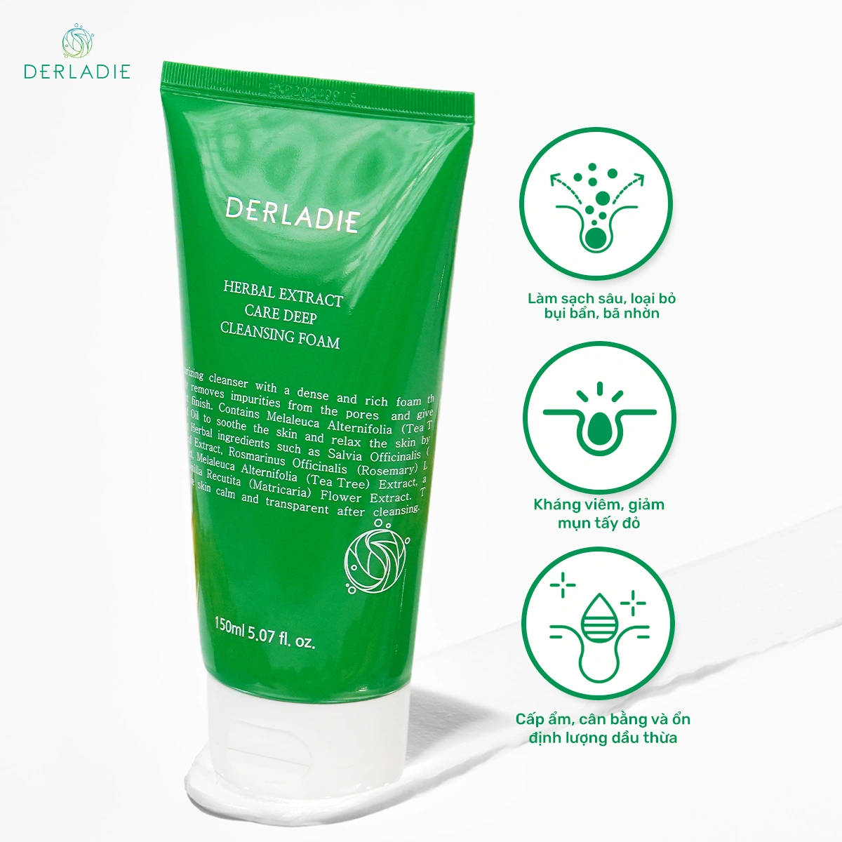 Sữa Rửa Mặt Tràm Trà Derladie Herbal Extract Care Deep Cleansing Foam 150ml