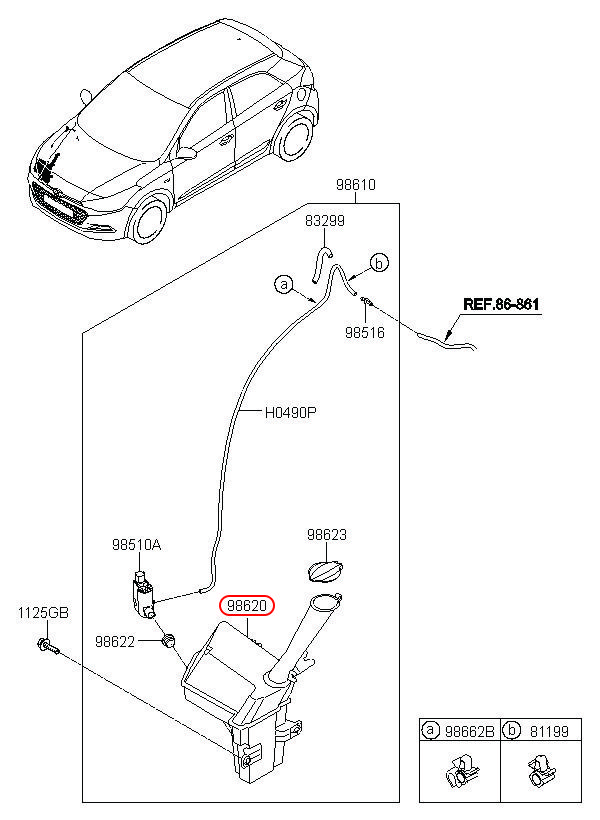 Bình nước rửa kính i20 Active 15-18 ko mô tơ, 98620C7000, HYUNDAI HCM, KIA HCM, chính hãng HYUNDAI