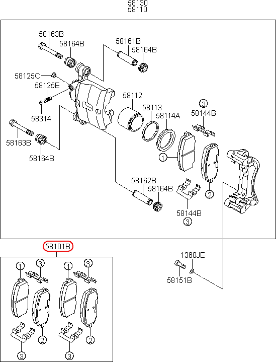 Bố thắng trước KIA Morning 09, 5810107A00, 581010XA00, chính hãng KIA HCM