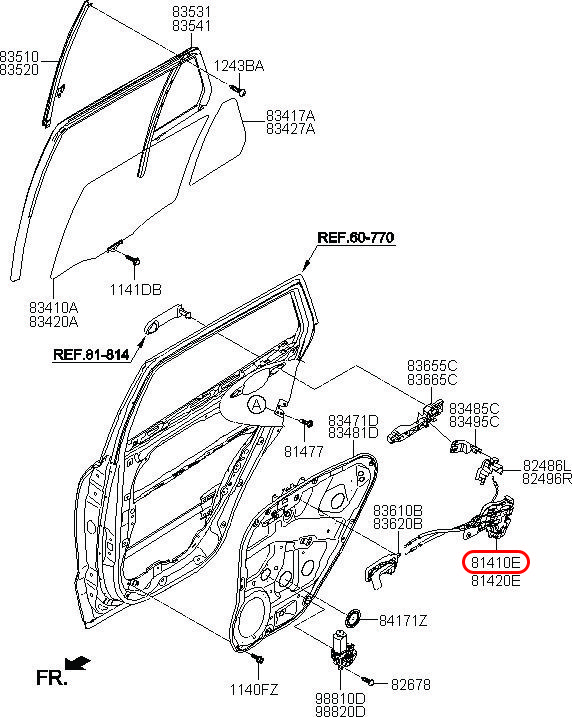 Khóa cửa sau Santafe LH, 814102B000, HYUNDAI HCM, KIA HCM, chính hãng HYUNDAI