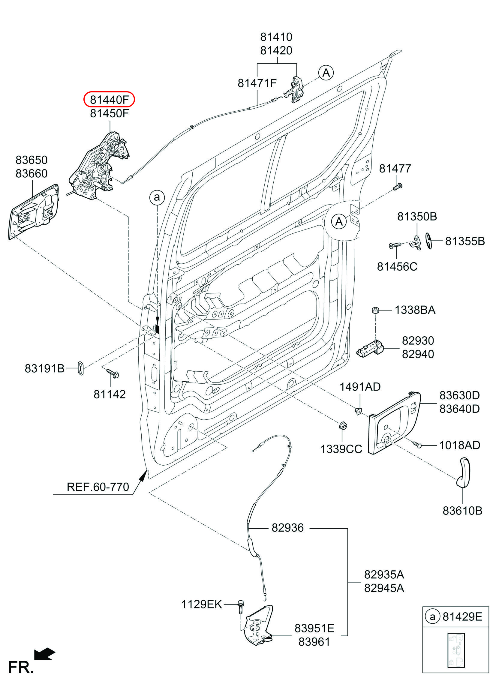 Khóa cửa lùa Starex 07-19 sau LH, 814404H050, HYUNDAI HCM, KIA HCM, chính hãng HYUNDAI