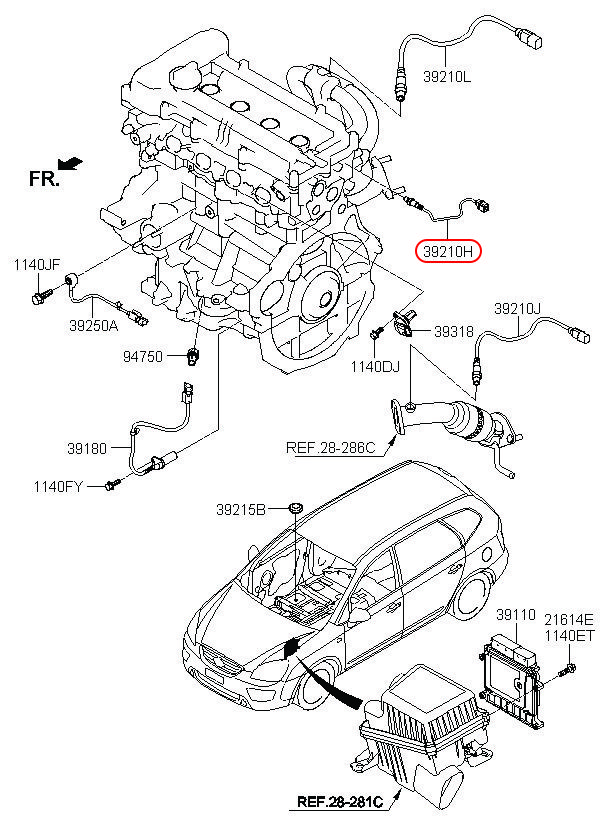 Cảm biến oxy Kia Carens 1.6 dưới, 392102B000, HYUNDAI HCM, KIA HCM