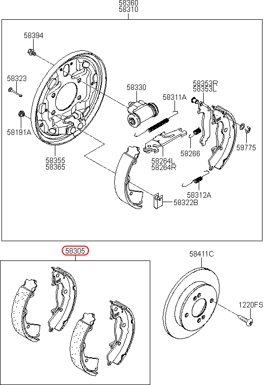 Bố thắng sau KIA Morning 06-10 có bát bắt dây thắng, 5835007A01, 5835007A00, chính hãng KIA HCM