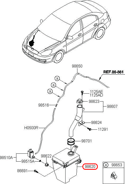 Bình nước rửa kính Accent 06, 986111G001, HYUNDAI HCM, KIA HCM, chính hãng HYUNDAI