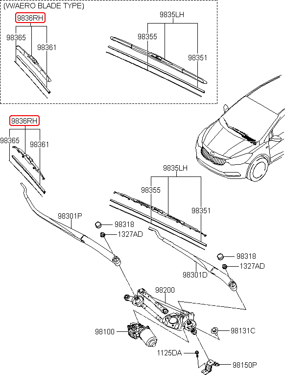 Thanh gạt mưa trước chính hãng KIA RH | 98360A5000 tại HCM