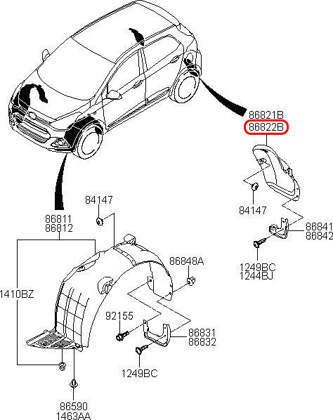 Lòng dè sau Grand i10 14-17 4D RH, 86822B4400, HYUNDAI HCM, KIA HCM, chính hãng HYUNDAI