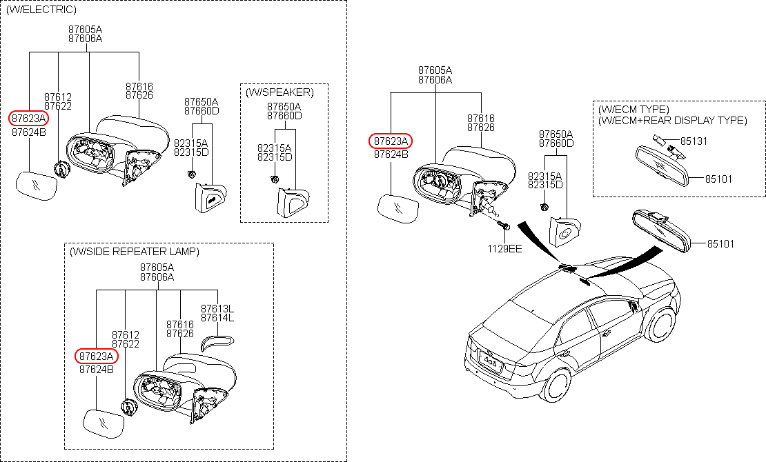 Mặt kính chiếu hậu KIA K3 LH, 87611A7000, 87611A7010,chính hãng KIA HCM