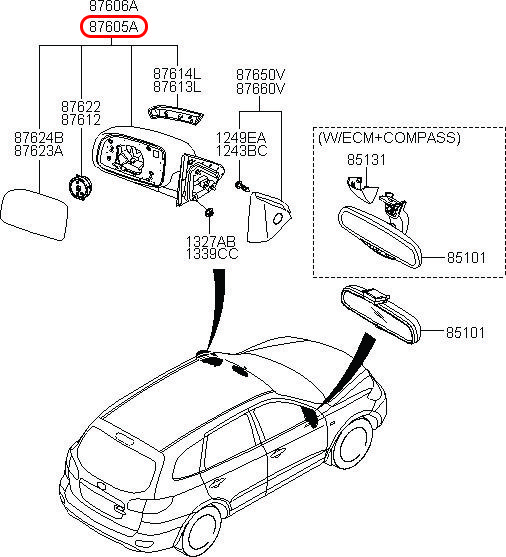 Kính chiếu hậu Santafe 06 LH, 876102B510EB, HYUNDAI HCM, KIA HCM, chính hãng HYUNDAI