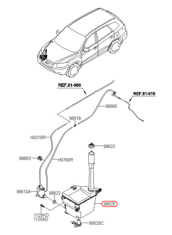 Bình nước rửa kính Santafe 2006, 986202B000, HYUNDAI HCM, KIA HCM, chính hãng HYUNDAI