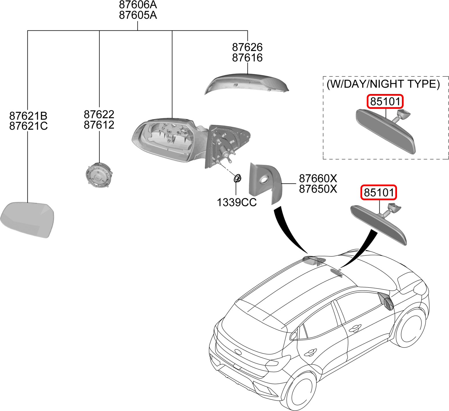 Kính chiếu hậu cabin Grand i10 14-17, 851011Y000, 851013X100, HYUNDAI HCM, KIA HCM, chính hãng HYUNDAI