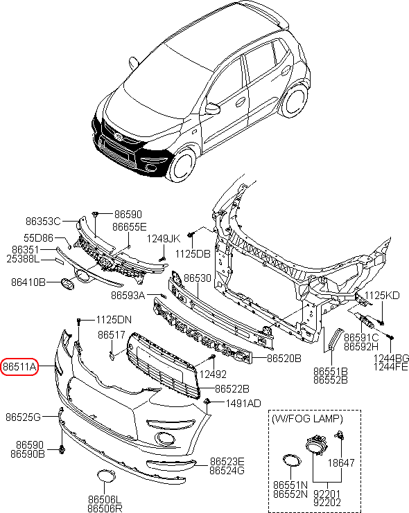 Cản trước HYUNDAI i10 08 lưới rời, 865120X000, chính hãng HYUNDAI