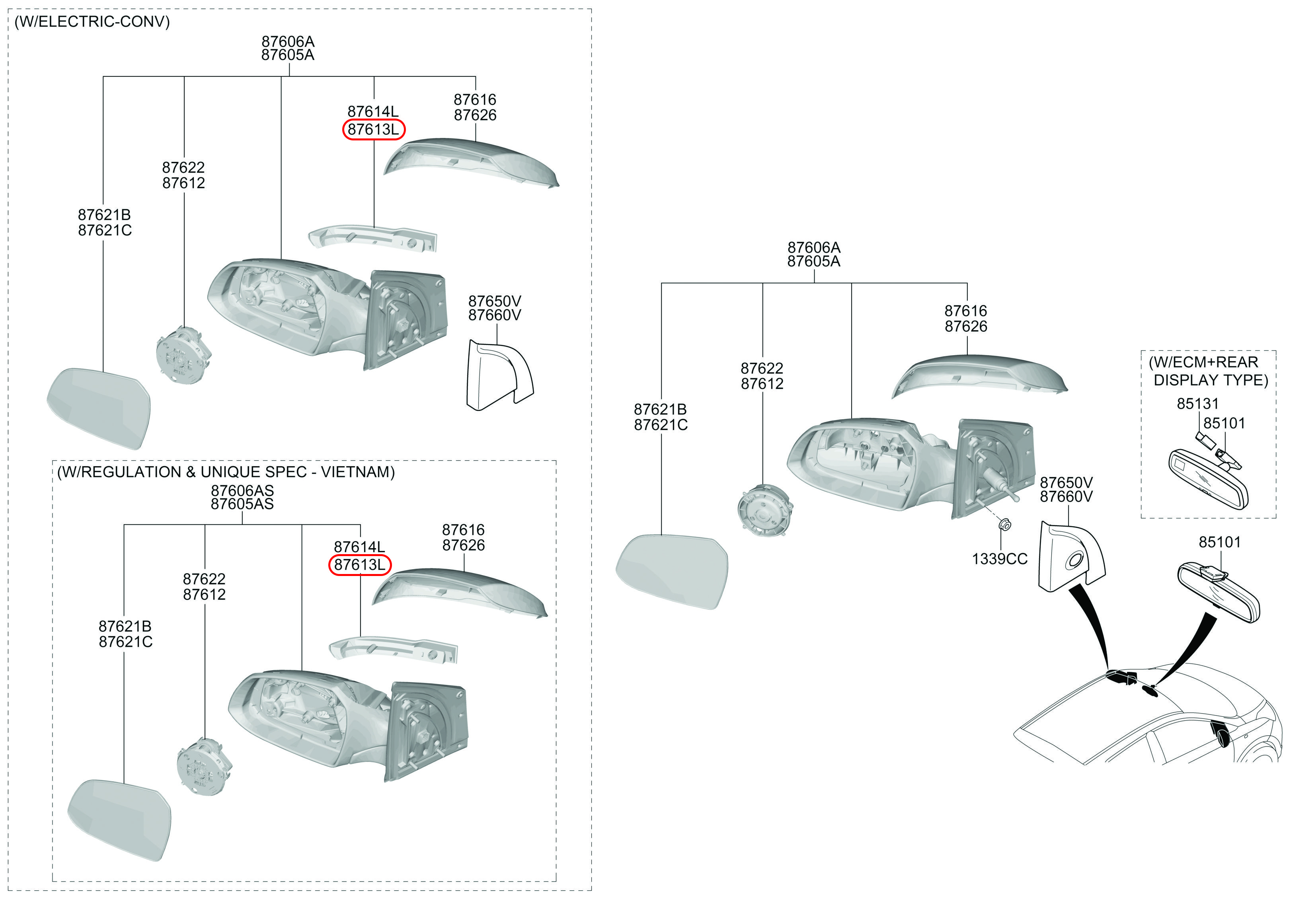 Xi nhan kính chiếu hậu chính hãng HYUNDAI LH, mã phụ tùng 87614B4000, phụ tùng HYUNDAI tại HCM.