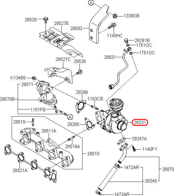 Turbo tăng áp Santafe 2.2 06, 2823127800, HYUNDAI HCM, KIA HCM, chính hãng HYUNDAI