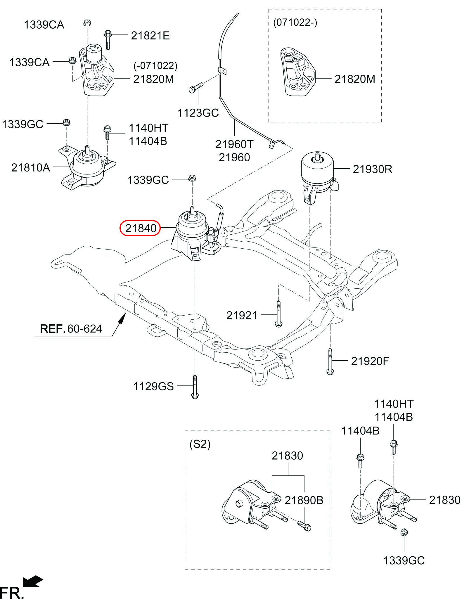 Cao su chân máy trước Santafe 06, 219102B500, HYUNDAI HCM, KIA HCM, chính hãng HYUNDAI