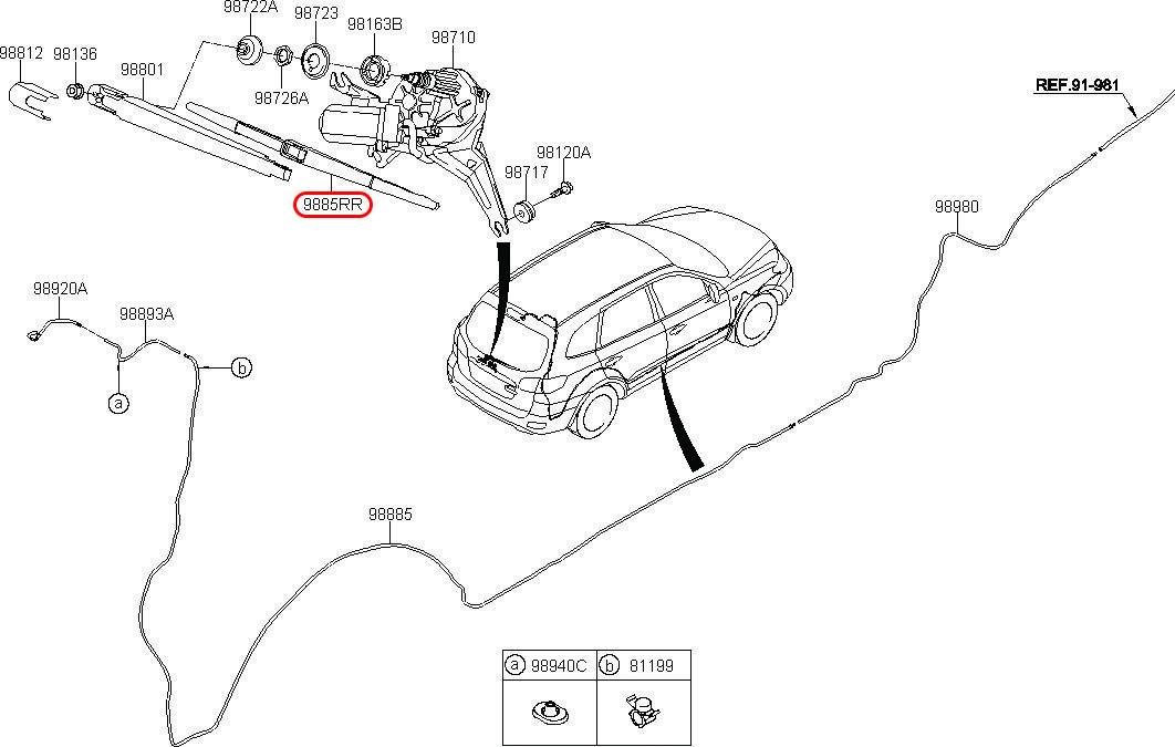 Thanh gạt mưa sau Santafe 06-10, 988202B000, HYUNDAI HCM, KIA HCM, chính hãng HYUNDAI