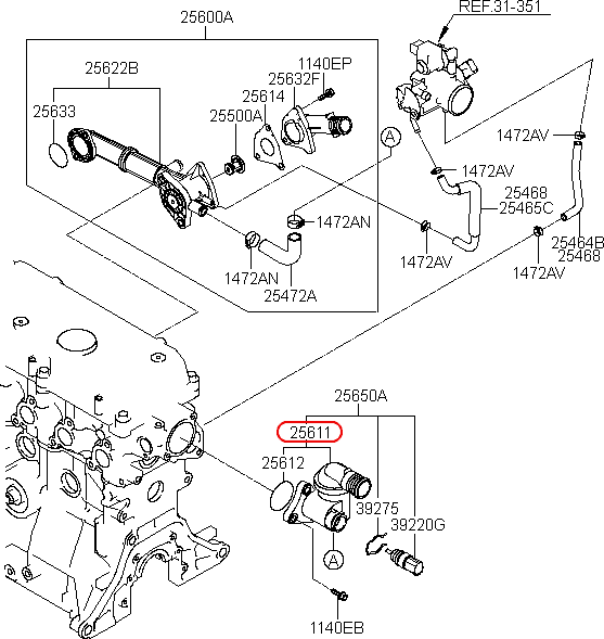 Co nước ngắn KIA Morning 09-06, 2561102566-2561102502, chính hãng KIA HCM