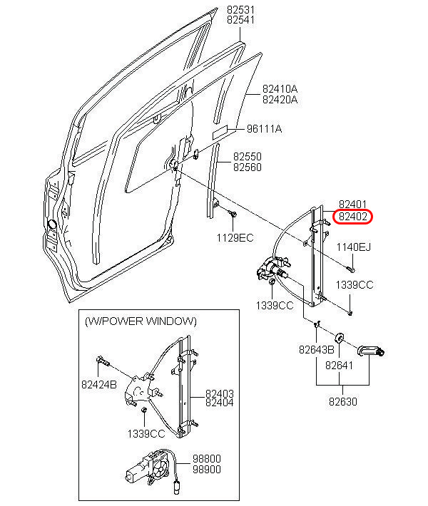 Compa nâng kính trước Libero 05 RH Dùng cơ 2.5 động cơ D4CB, 824024A000, HYUNDAI HCM, KIA HCM, chính hãng HYUNDAI