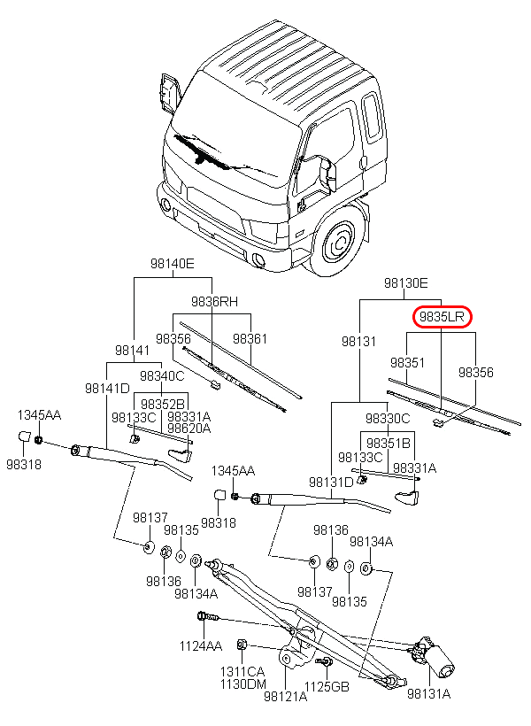 Thanh gạt mưa trước Libero 05 RH 2.5 động cơ D4CB, 9835022020, HYUNDAI HCM, KIA HCM, chính hãng HYUNDAI