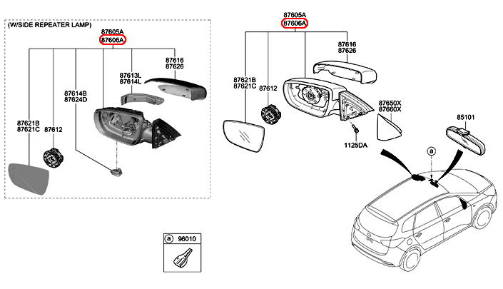 Kính chiếu hậu KIA Rondo 14-17 RH không đèn xi nhan, 87620A4010, 87620A4011,chiinhs hãng KIA HCM