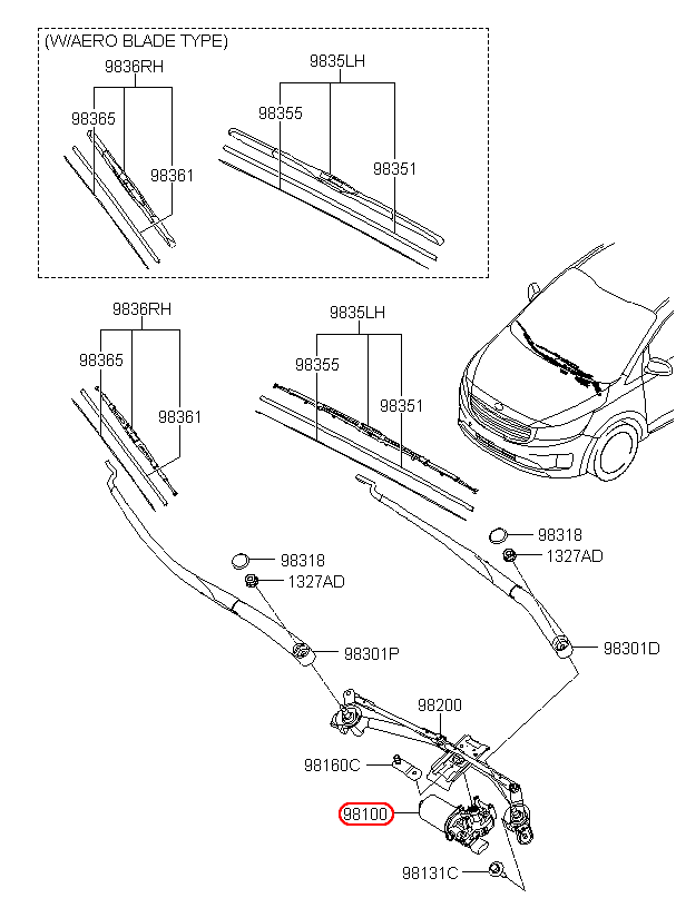 Mô tơ gạt mưa trước KIA Sedona 14-19, 98110A9000,chính hãng KIA HCM