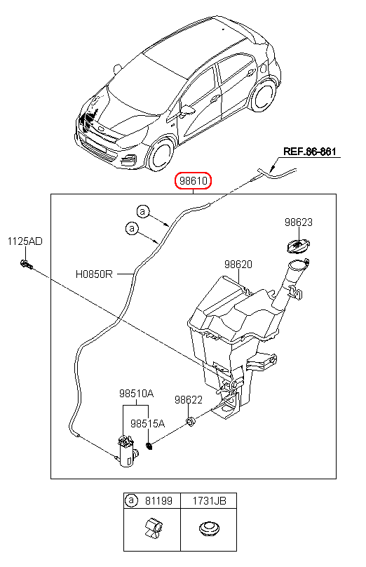 Bình nước rửa kính KIA Rio 15 có mô tơ, 986101W600,chính hãng KIA HCM