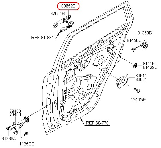 Ốp đuôi tay cửa Hyundai Santafe 06-10 sau LH+RH, 836522B000, Chính hãng HYUNDAI HCM