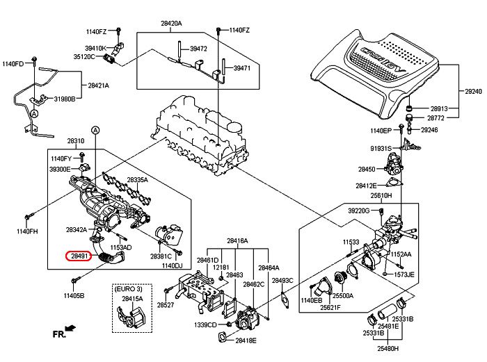 Ống hồi khí xả về van EGR KIA Sorento 09-15, 284912F010,chính hãng KIA HCM