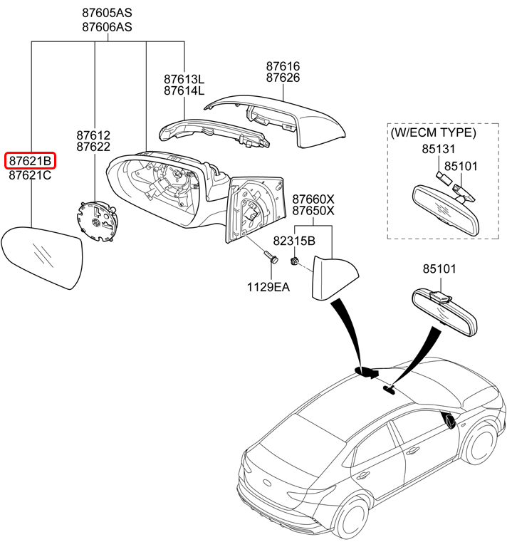 Mặt kính chiếu hậu chính hãng HYUNDAI RH | 87621H6030 tại HCM