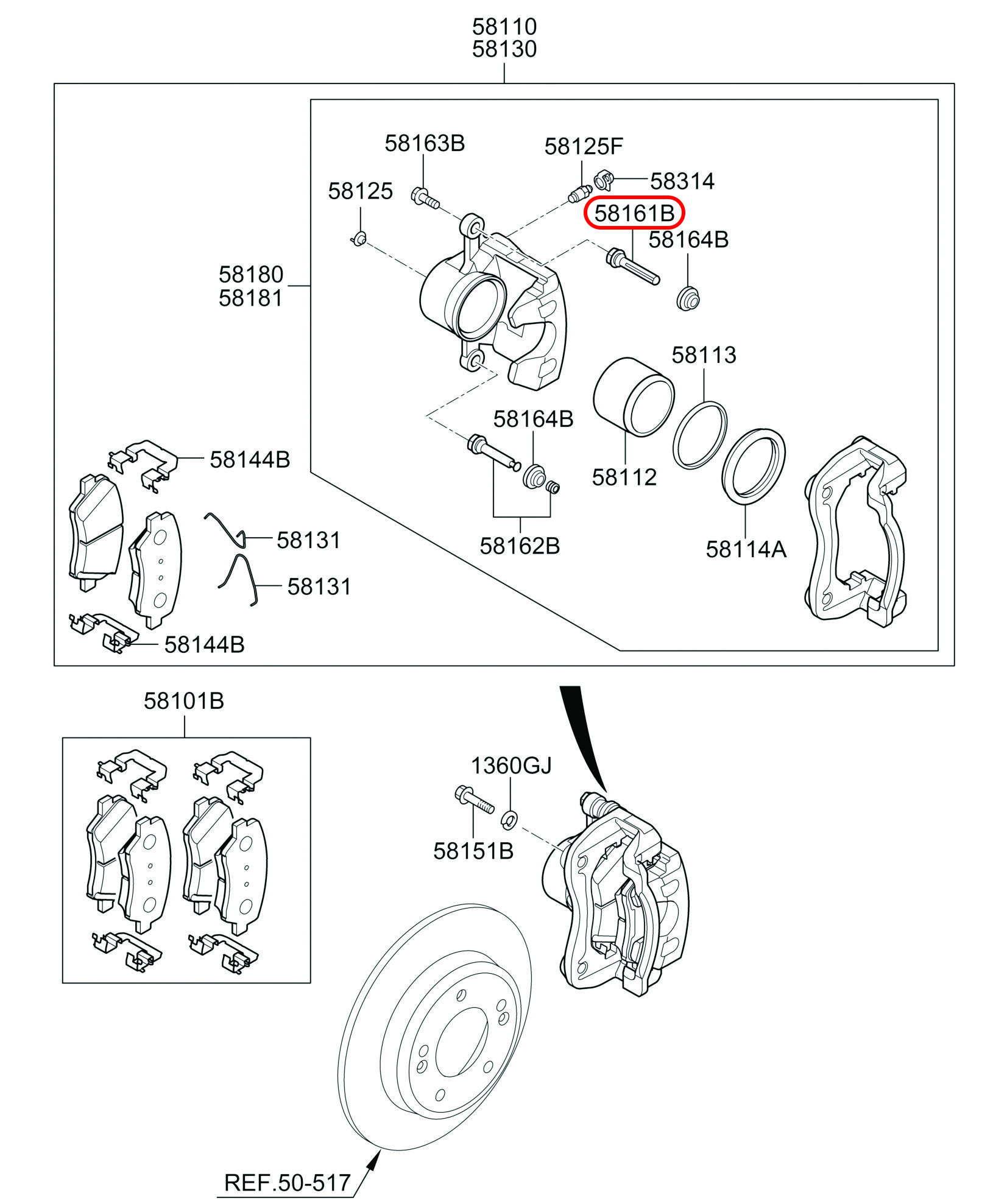 Ắc thắng trước chính hãng HYUNDAI trên, 581614N000, phụ tùng ô tô HYUNDAI, phụ tùng ô tô KIA, phụ tùng chính hãng HYUNDAI tại HCM, phụ tùng chính hãng KIA tại HCM