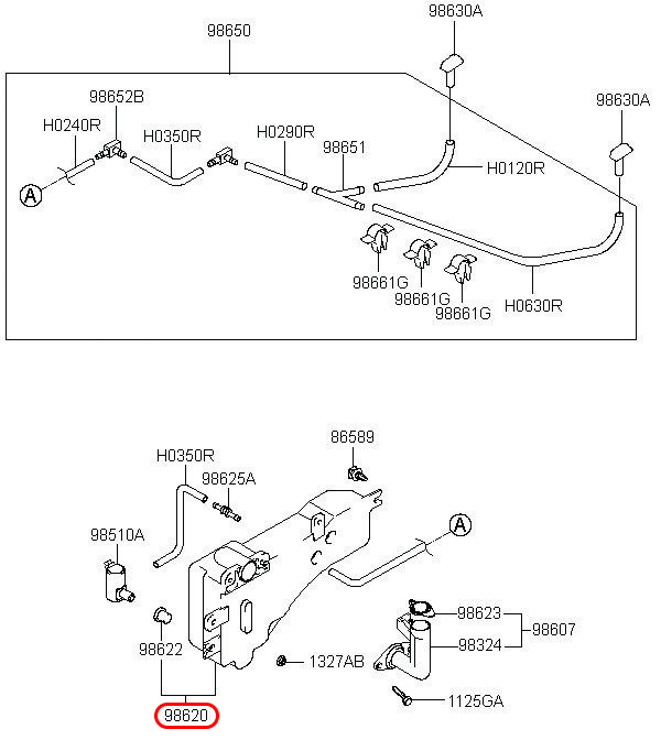 Bình nước rửa kính Libero 05 2.5 động cơ D4CB, 986204A010, 986204A000, HYUNDAI HCM, KIA HCM, chính hãng HYUNDAI