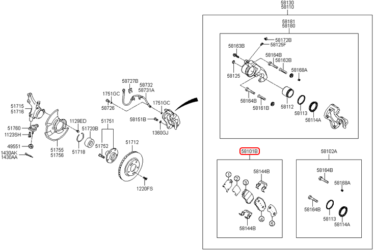 Bố thắng trước chính hãng HYUNDAI | 581012HA10 tại HCM