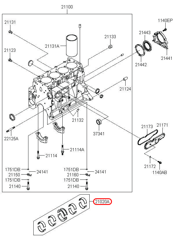 Miểng cốt máy Libero 05 2.5 động cơ D4BH, 2102042033, HYUNDAI HCM, KIA HCM, chính hãng HYUNDAI