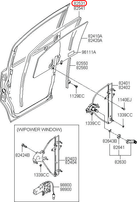 Ron chạy kính cửa trước Libero 05 LH 2.5 động cơ D4CB, 825314A000, HYUNDAI HCM, KIA HCM, chính hãng HYUNDAI