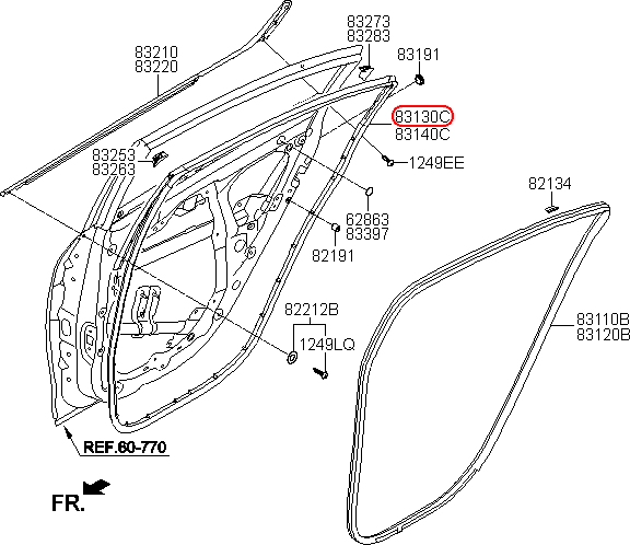 Ron cánh cửa sau KIA K3 LH, 83130A7000, chính hãng KIA HCM