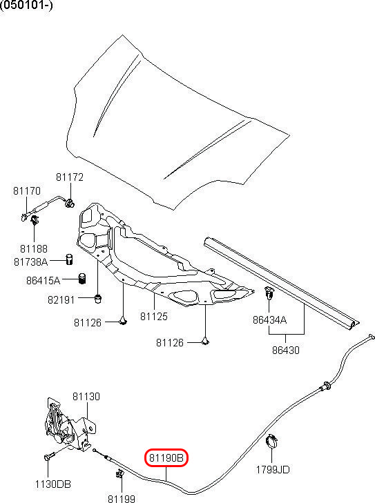 Dây mở capo Starex 06, 811904A010, HYUNDAI HCM, KIA HCM, chính hãng HYUNDAI