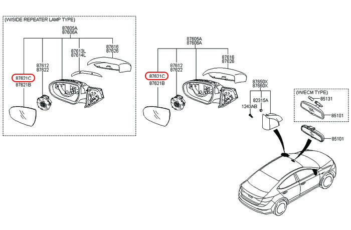 Mặt kính chiếu hậu Elantra 16-19 LH, 87611F2000, 87611F2010, HYUNDAI HCM, KIA HCM