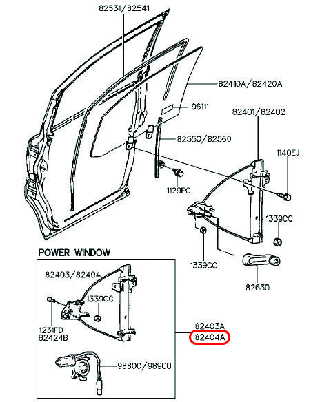 Compa nâng kính trước Libero 05 RH 2.5 động cơ D4CB, 824024A010, HYUNDAI HCM, KIA HCM, chính hãng HYUNDAI