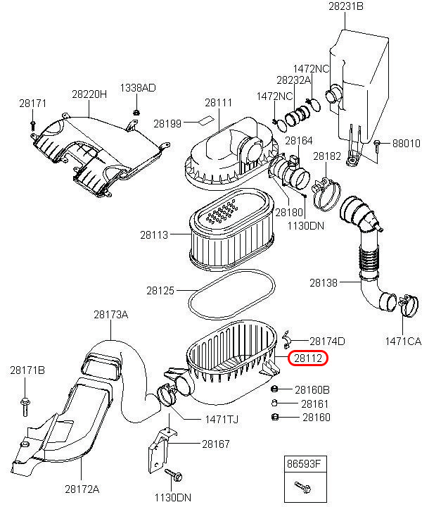 Đế bầu lọc gió động cơ Libero 05 2.5 động cơ D4CB, 281124A600, HYUNDAI HCM, KIA HCM, chính hãng HYUNDAI