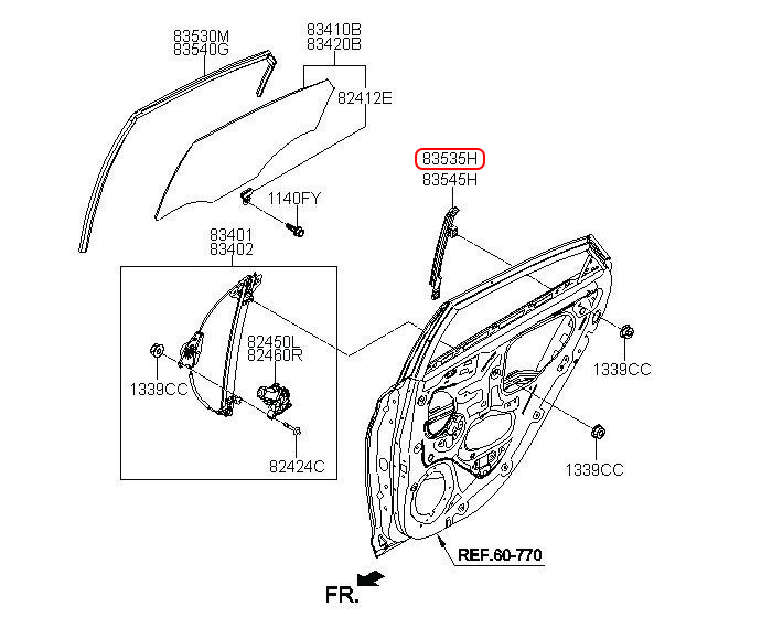 Ray trượt kính sau Hyundai Accent 18 LH, 83535H5000, HYUNDAI HCM, KIA HCM