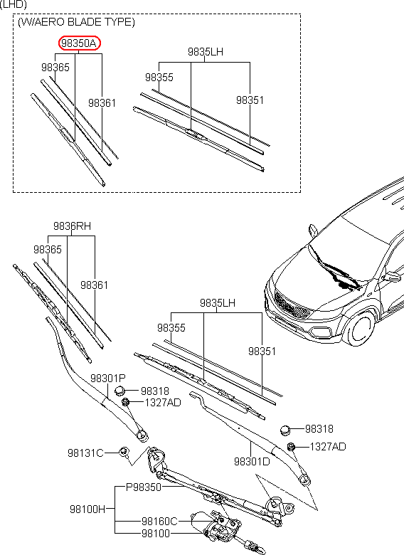 Thanh gạt mưa trước KIA Sorento 09-12 RH 20'', 983602J000,chính hãng KIA HCM