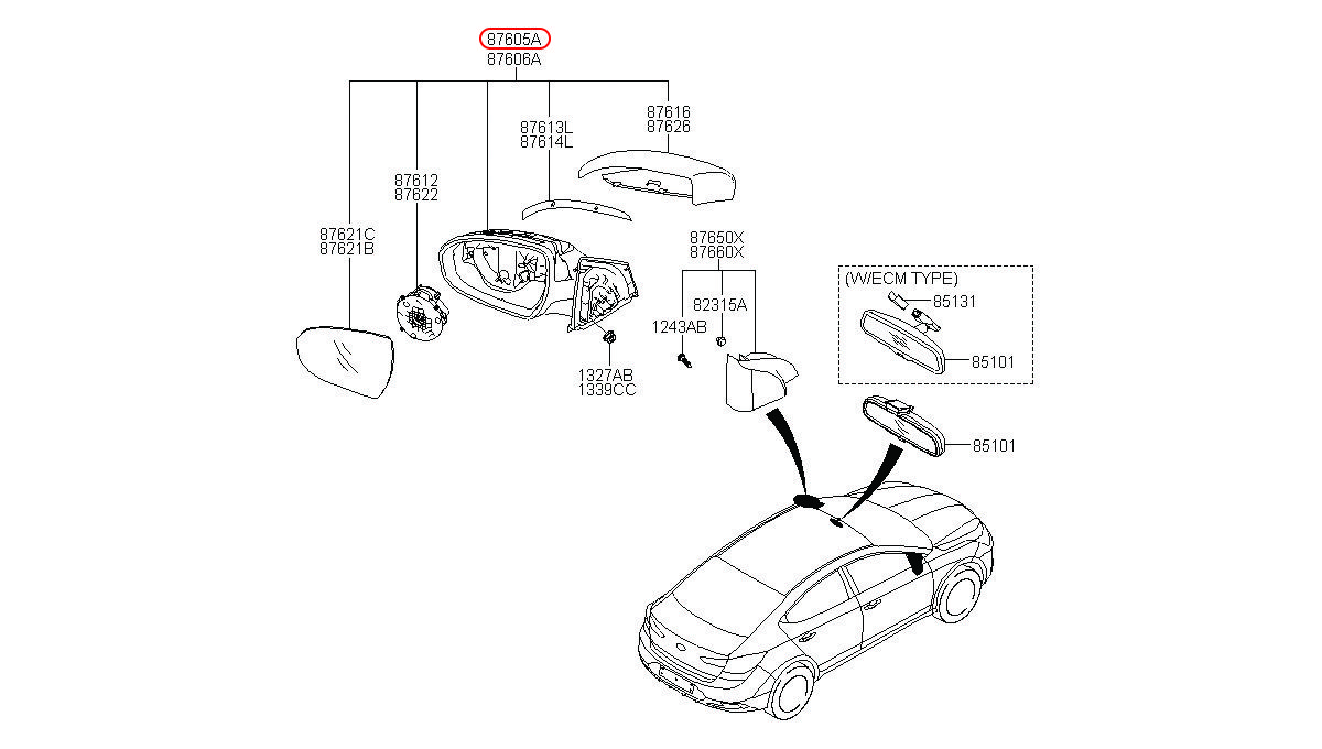 Kính chiếu hậu Hyundai Elantra 19 LH, 87610F2530, HYUNDAI HCM, KIA HCM