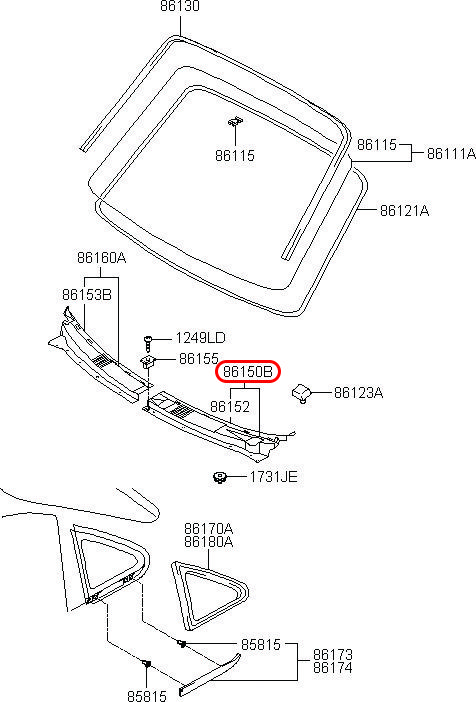 Ốp chân kính chắn gió trước Libero 05 LH 2.5 động cơ D4CB, 8615047000, HYUNDAI HCM, KIA HCM, chính hãng HYUNDAI