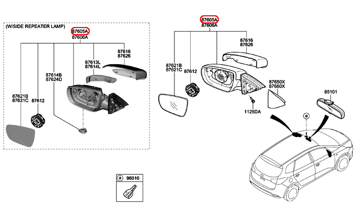 Kính chiếu hậu KIA Rondo LH 7 dây không đèn xi nhan, 87610A4010, 87610A4110,chính hãng KIA HCM