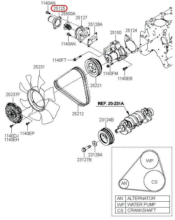 Co nước van hằng nhiệt Libero 05 2.5 động cơ D4BH, 2512542540, HYUNDAI HCM, KIA HCM, chính hãng HYUNDAI