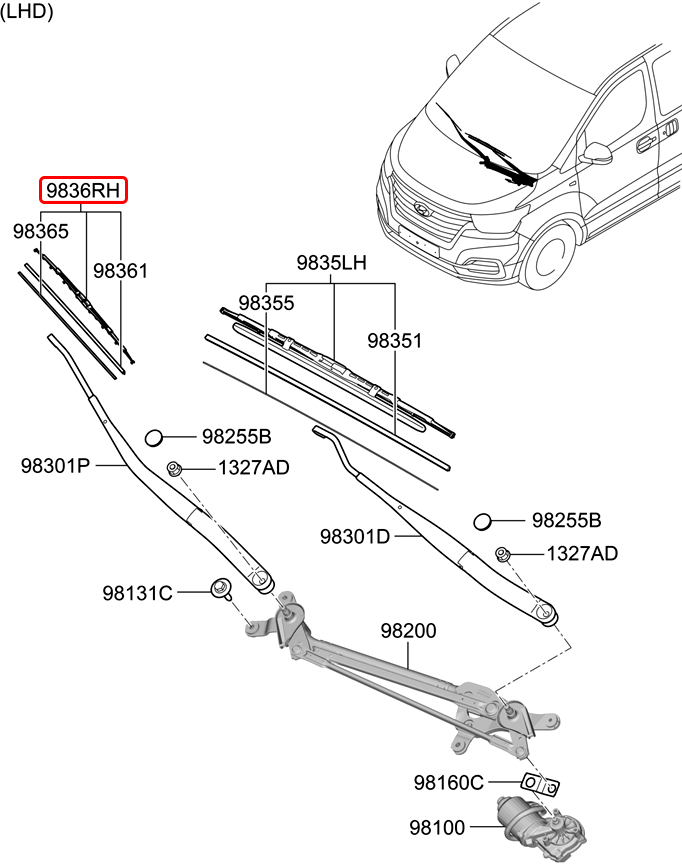 Thanh gạt mưa trước chính hãng HYUNDAI RH | 983602P000 tại HCM